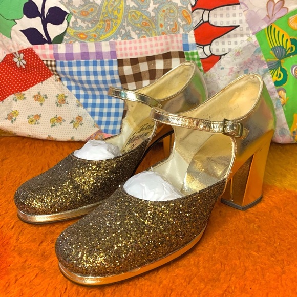 60s Vintage Gold and Bronze Glitter Mary Jane Heels - Picture 1 of 5